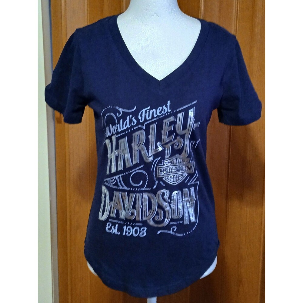 Harley Davidson Women XS Lakeland Fl Short Sleeve V neck Navy Blue Top
